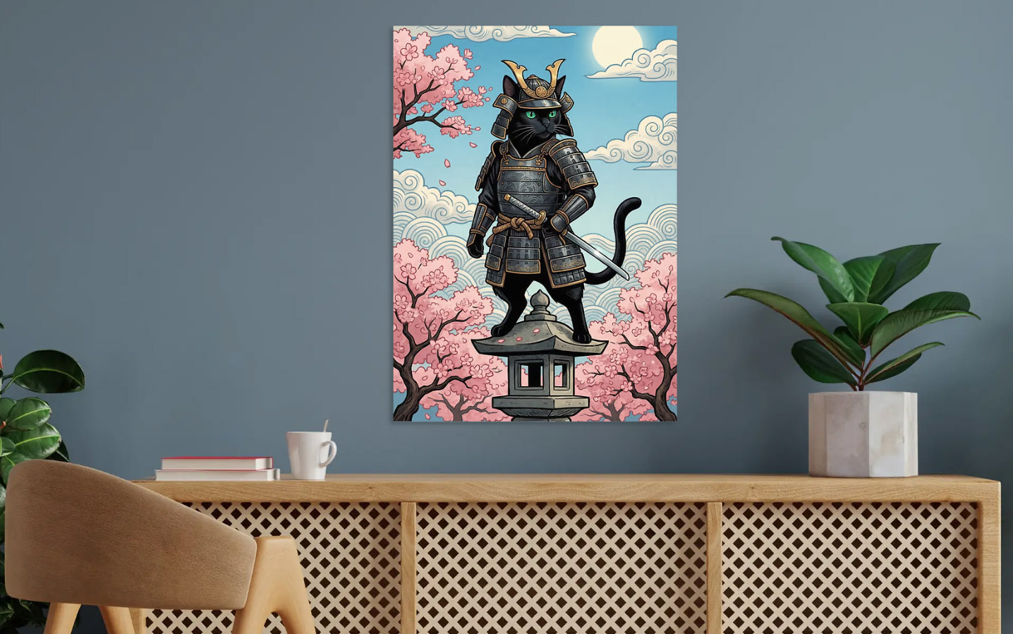 Samurai Cat with Cherry Blossoms — metal poster wall art by Lineer